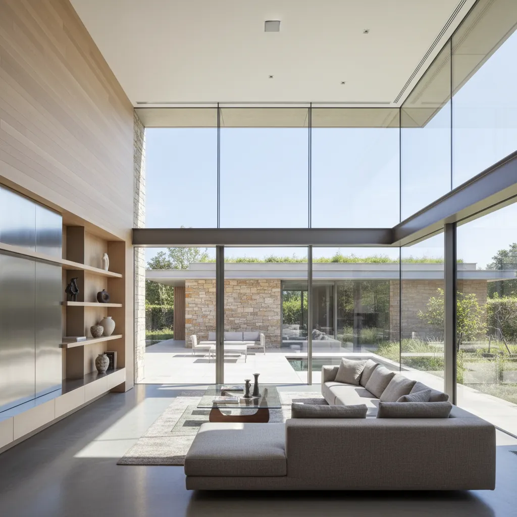 Bright minimalist living room with grey sofa wooden wall panel glass table and large windows