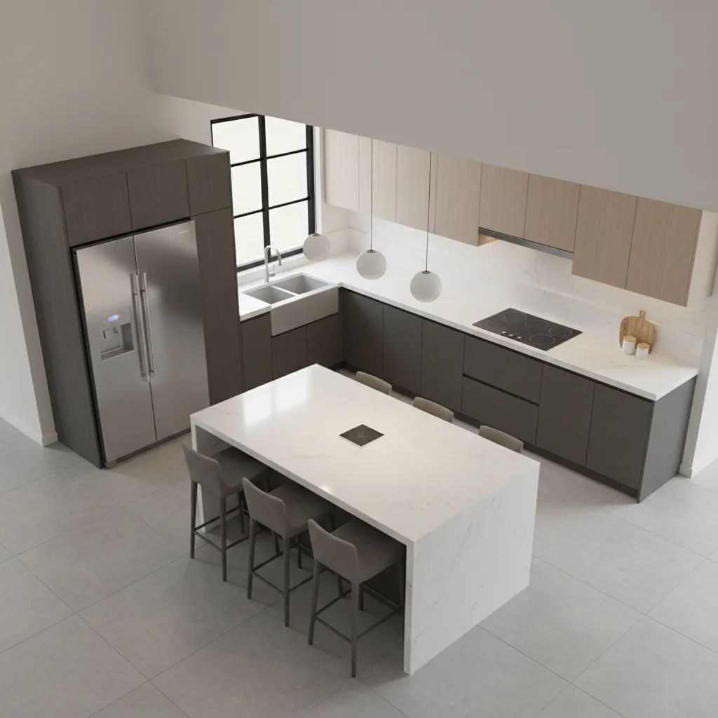 Kitchen layout showing efficient workflow between sink stove and refrigerator