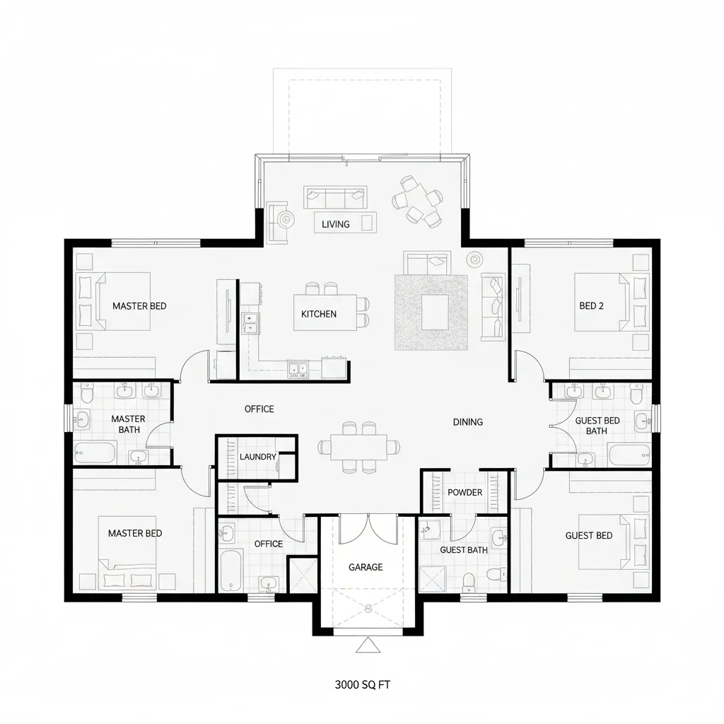 Efficient 3000 sq ft home floor plan layout showing open living areas