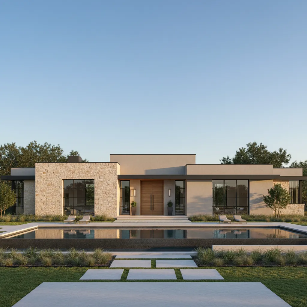 Modern one story house with stone walls large windows and a clear blue swimming pool