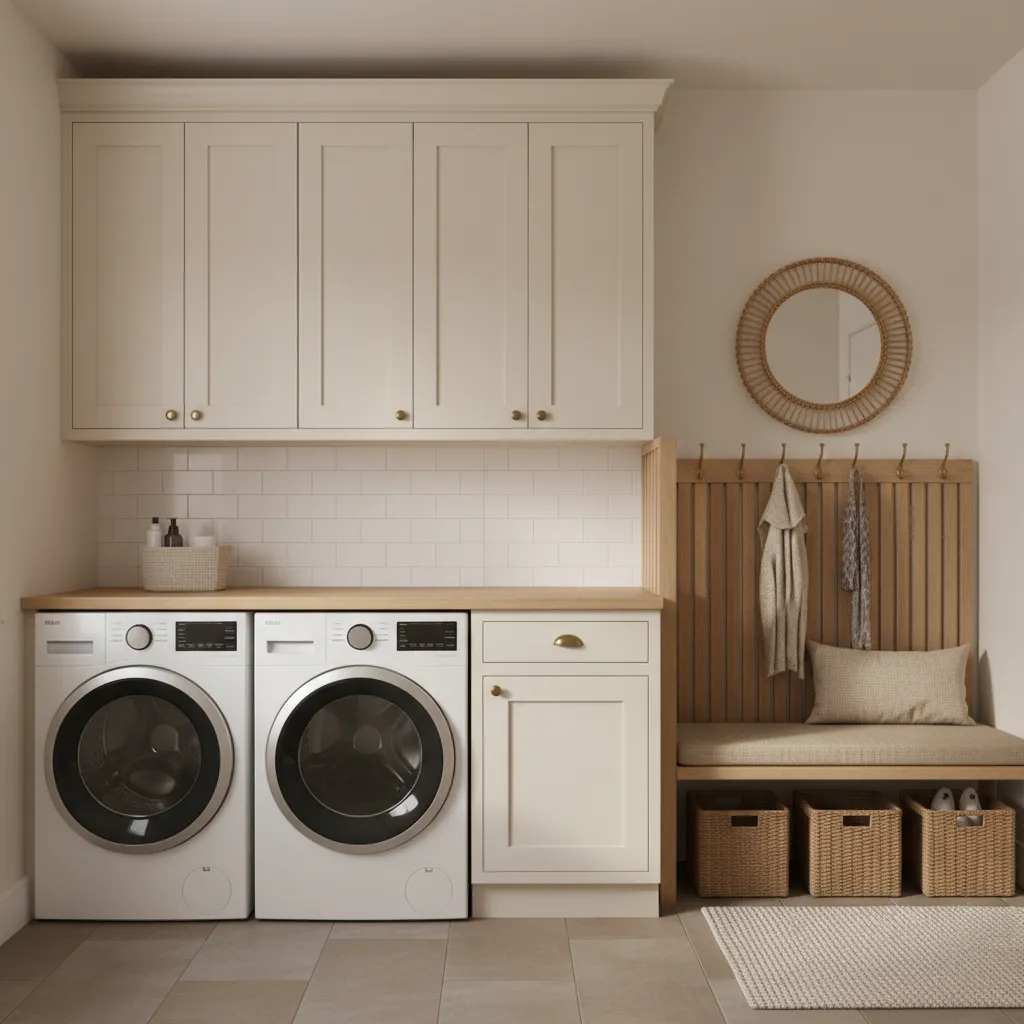 efficient small laundry mudroom layout with washer dryer counter and cabinets