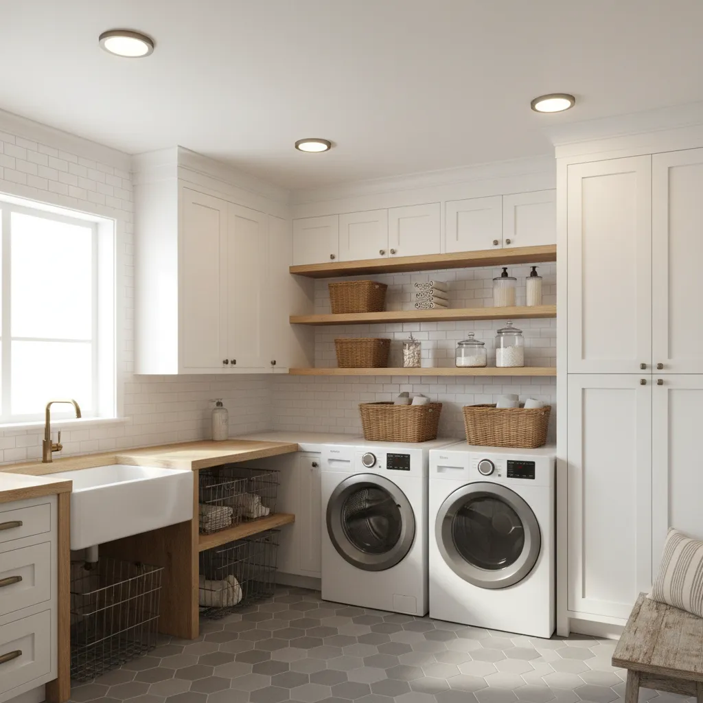 well organized laundry room with efficient ceiling lighting and folding station