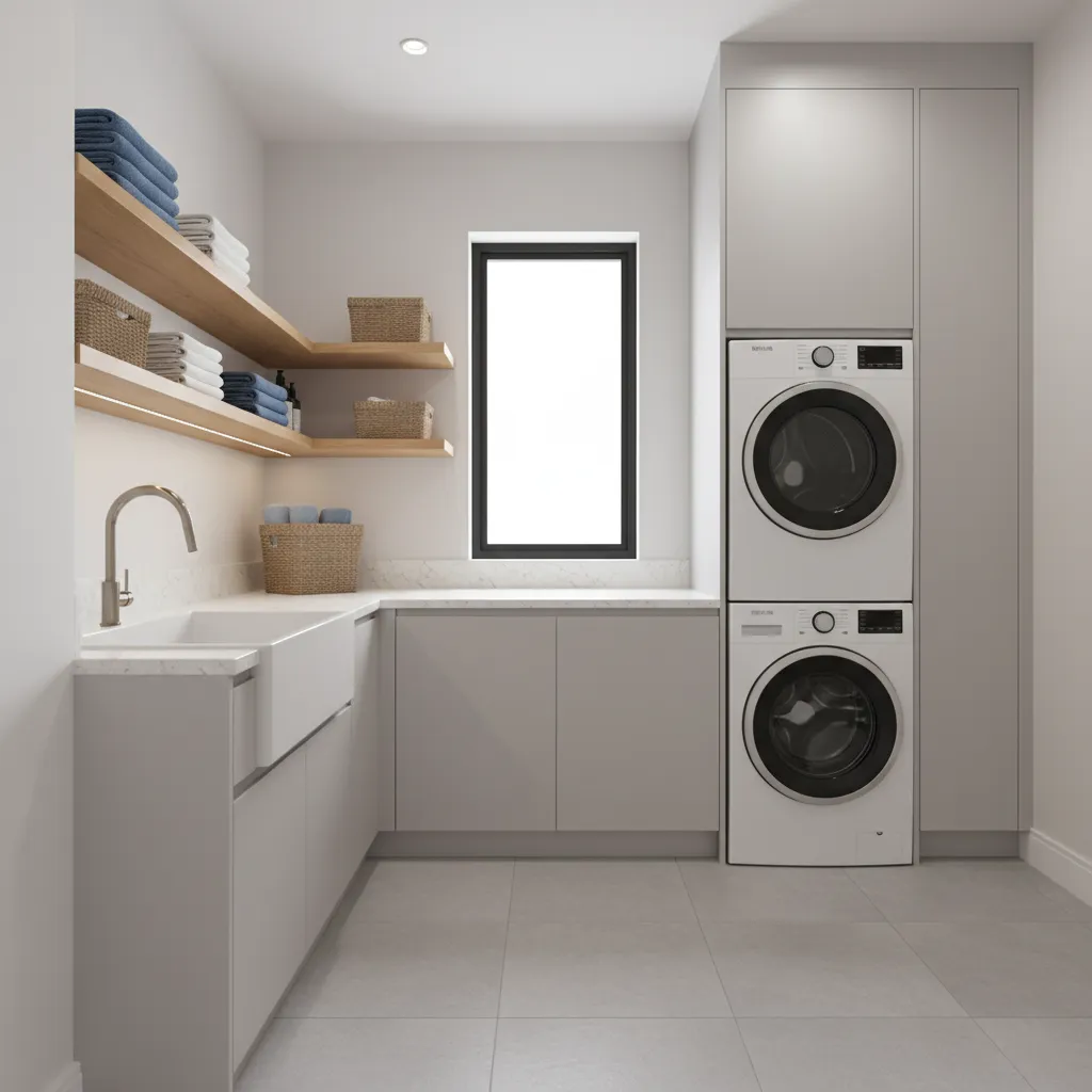 laundry room layout showing sink workspace and storage organization