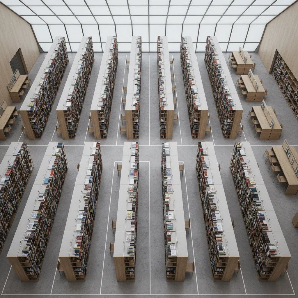 Efficient library shelving layout with cross aisles and organized stack rows