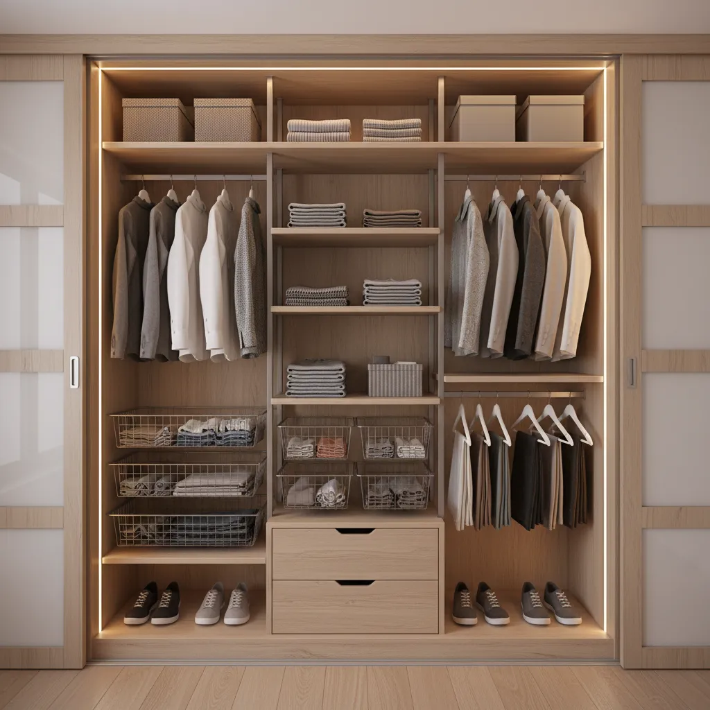 Efficiently organized micro closet with shelves baskets and rods