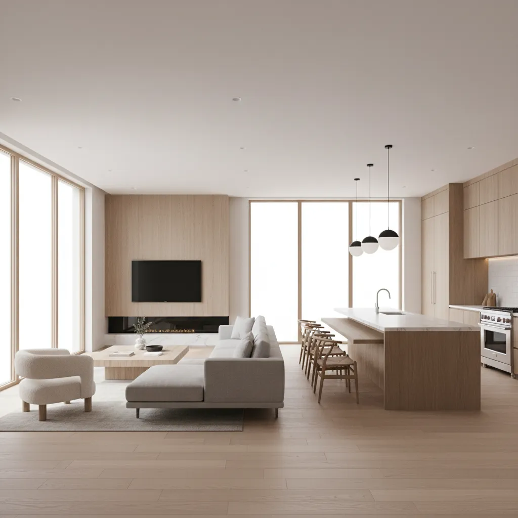 Open plan living room and kitchen inside a 1700 sq ft modern home