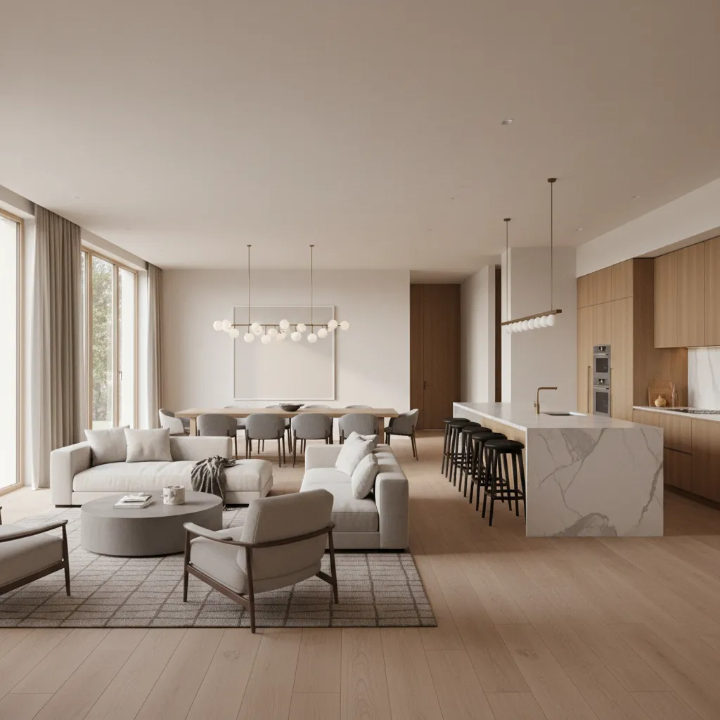 Modern living room with white sofa marble island wood floor dining table and ceiling light