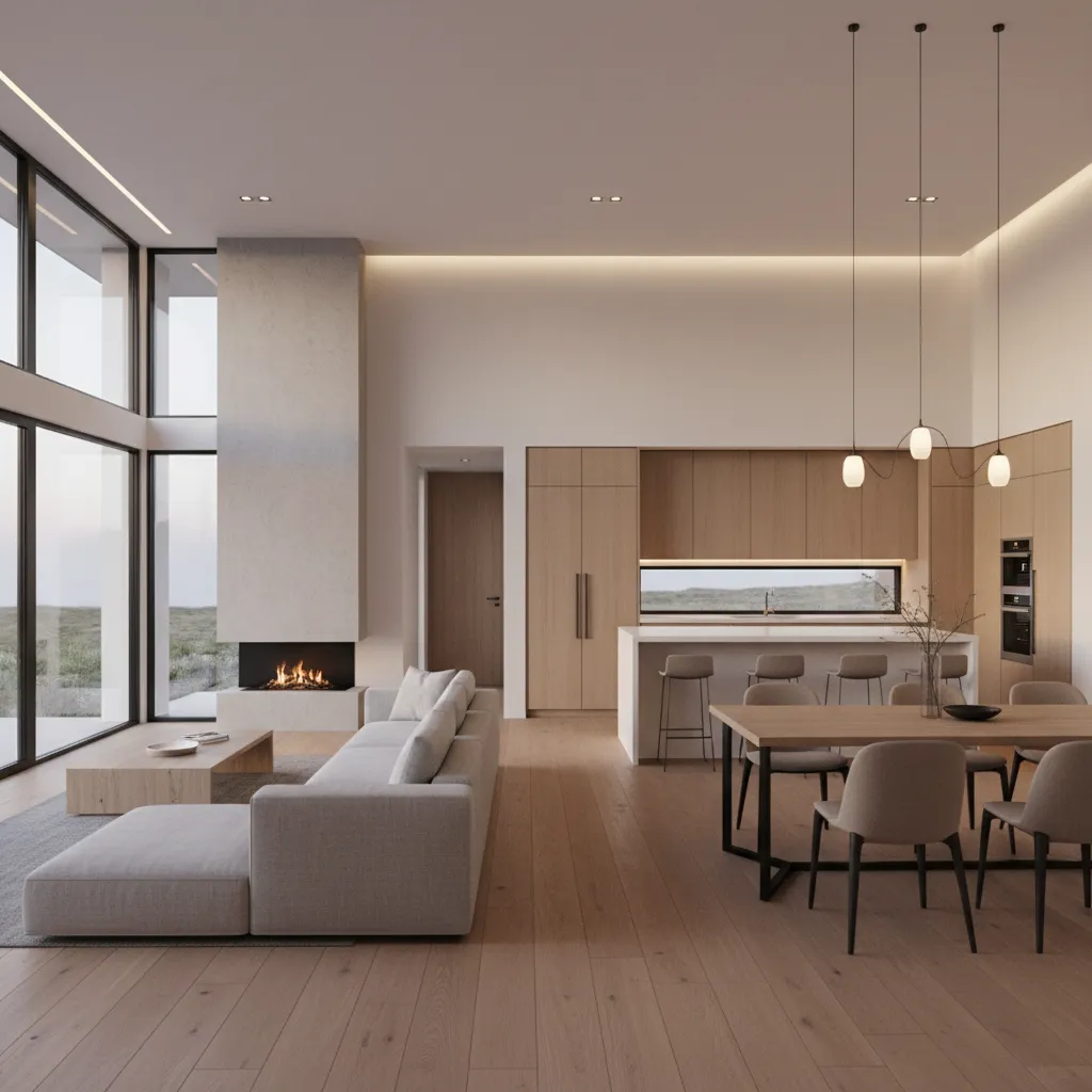 Open concept living kitchen layout in an efficient one story house design