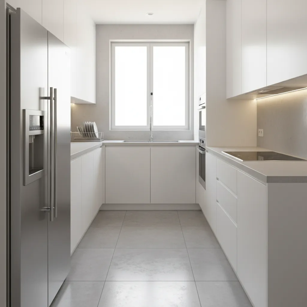 Well organised narrow parallel kitchen with efficient workflow layout