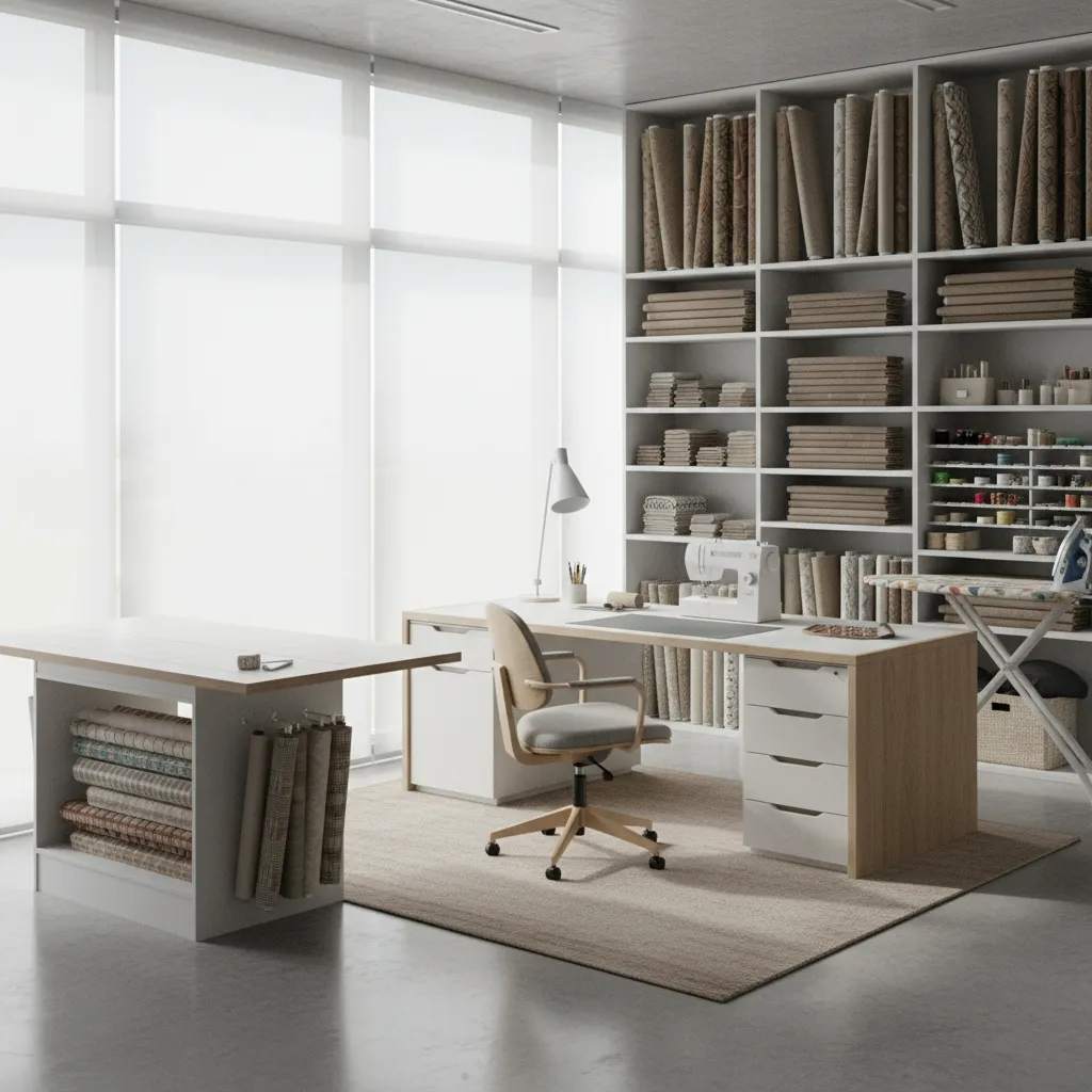 sewing machine positioned centrally in small sewing room for efficient workflow