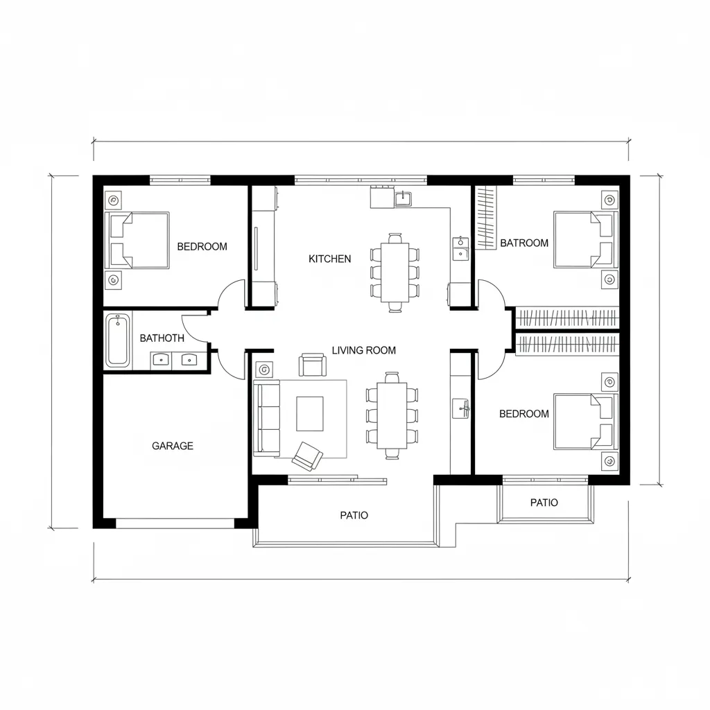 Plano arquitectónico de casa de una planta con distribución eficiente