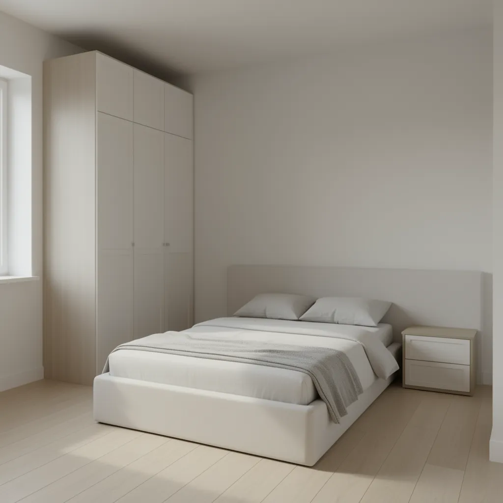 efficient small bedroom layout with bed wardrobe and minimal furniture