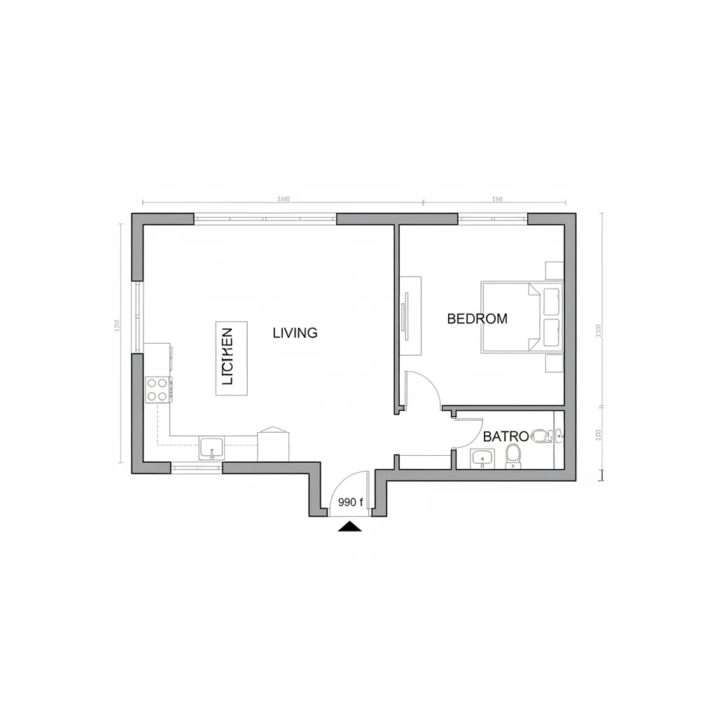 Efficient 990 sq ft house floor plan showing optimized room layout