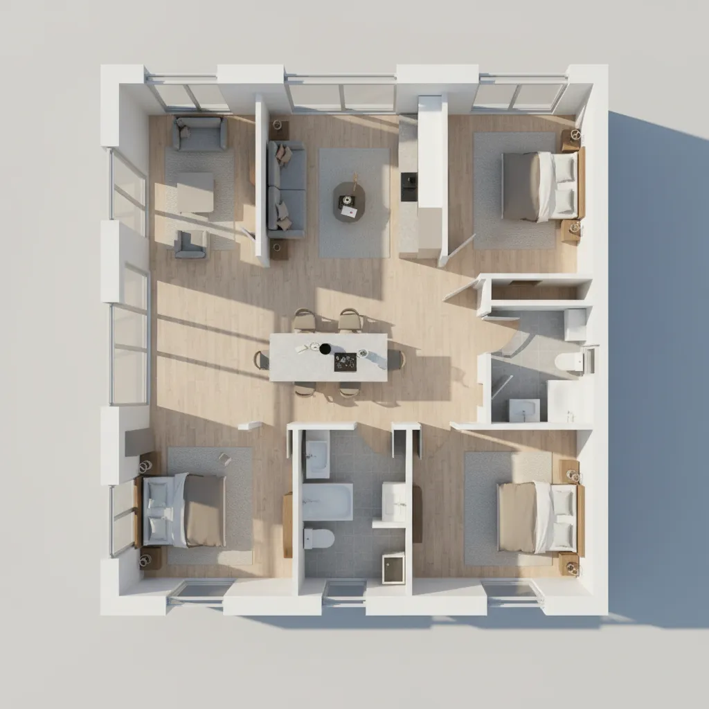 3D floor plan showing clustered bedrooms and minimal hallway design