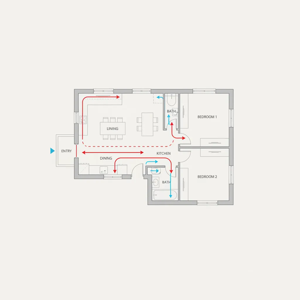 Diagram showing efficient circulation and reduced hallway space in a 1500 sqft home