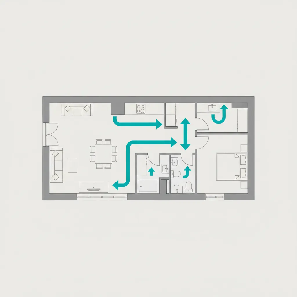 Simple room layout of small apartment showing walking flow with blue arrows through different areas