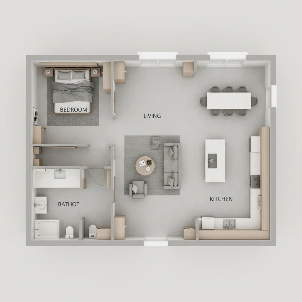 Modern 3D floor plan layout showing bedroom living room kitchen bathroom and small wooden furniture