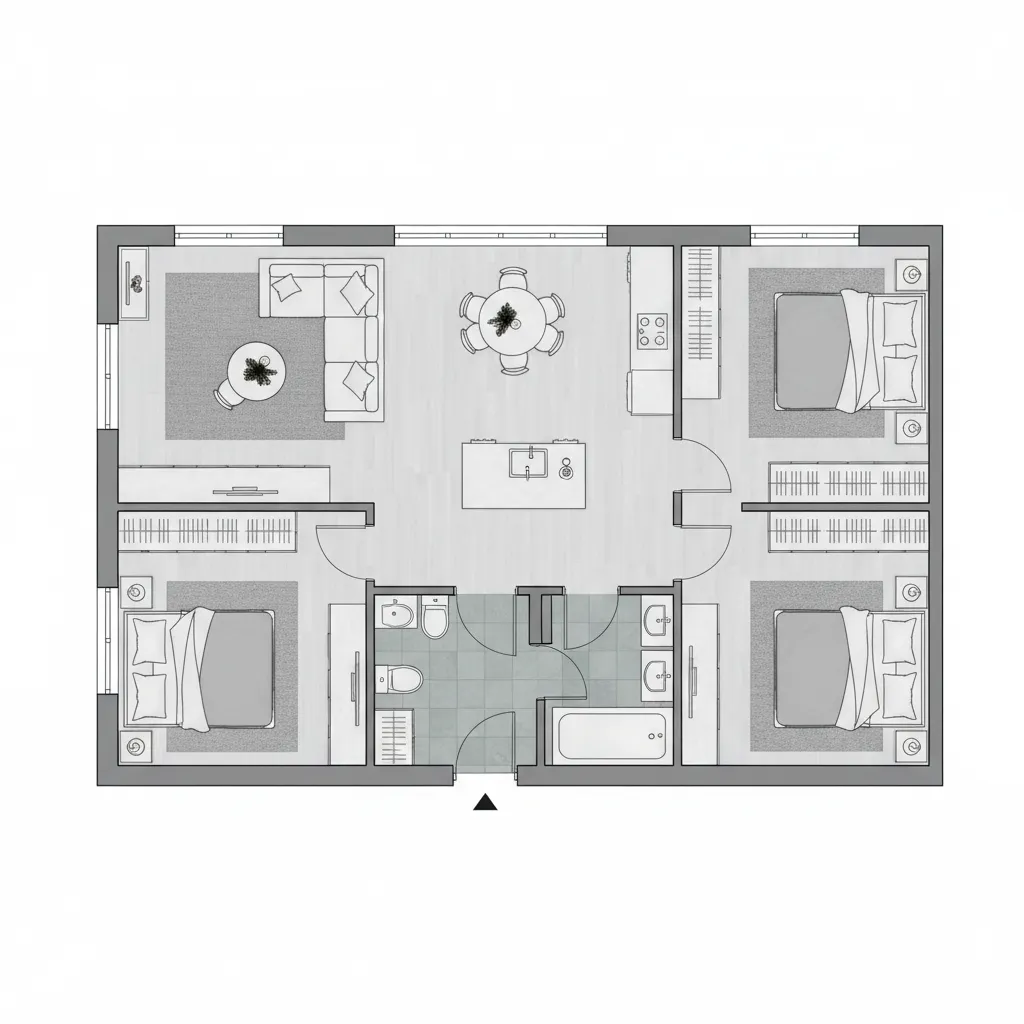 Distribución eficiente de casa pequeña moderna con espacios bien conectados