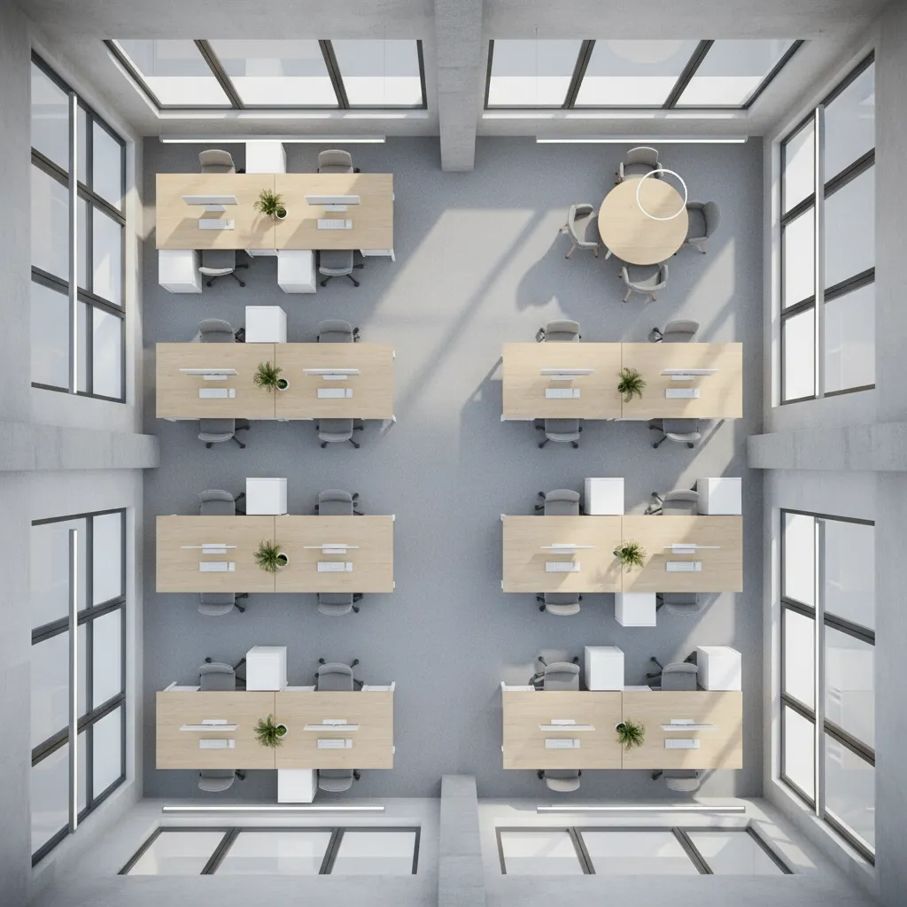 compact office layout showing efficient desk arrangement and circulation