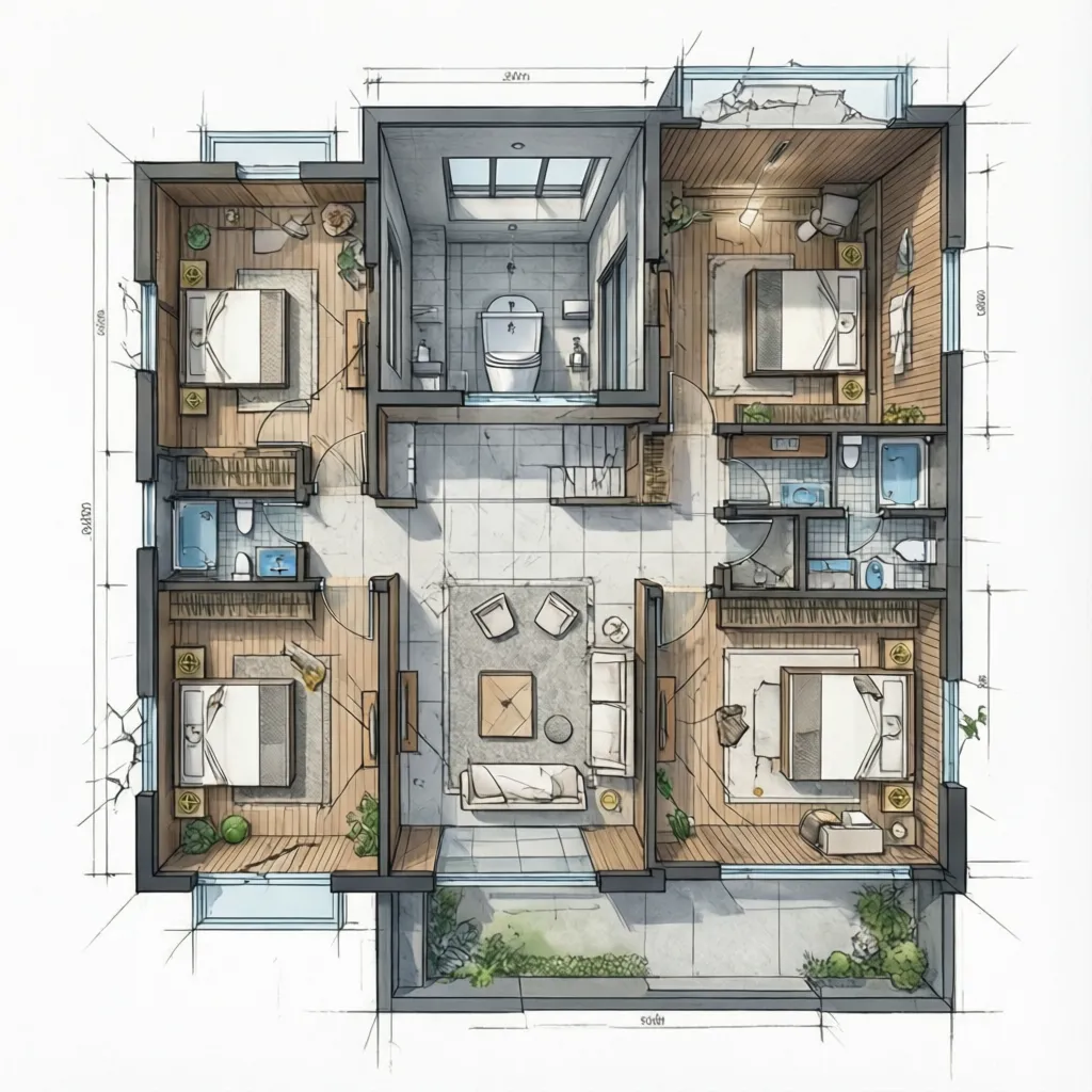 efficient two story floor plan layout showing stacked plumbing and compact design