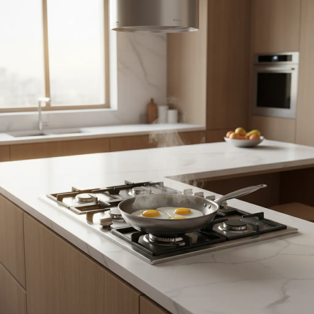 Three fried eggs cooking in a pan on a gas stove in a modern white kitchen