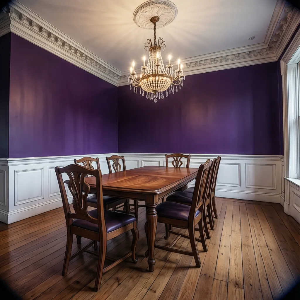 Eggplant purple dining room walls with white panel molding