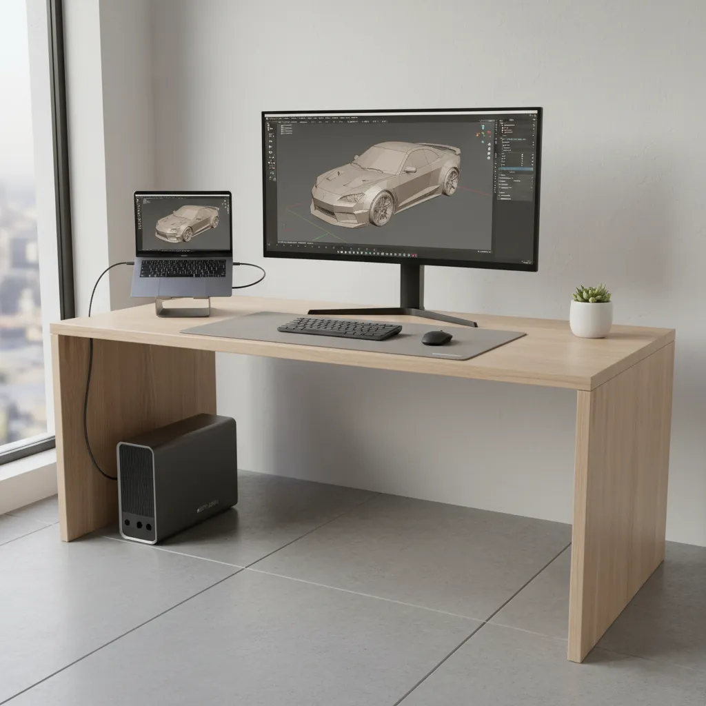 Laptop connected to an external GPU enclosure on a modern workstation desk