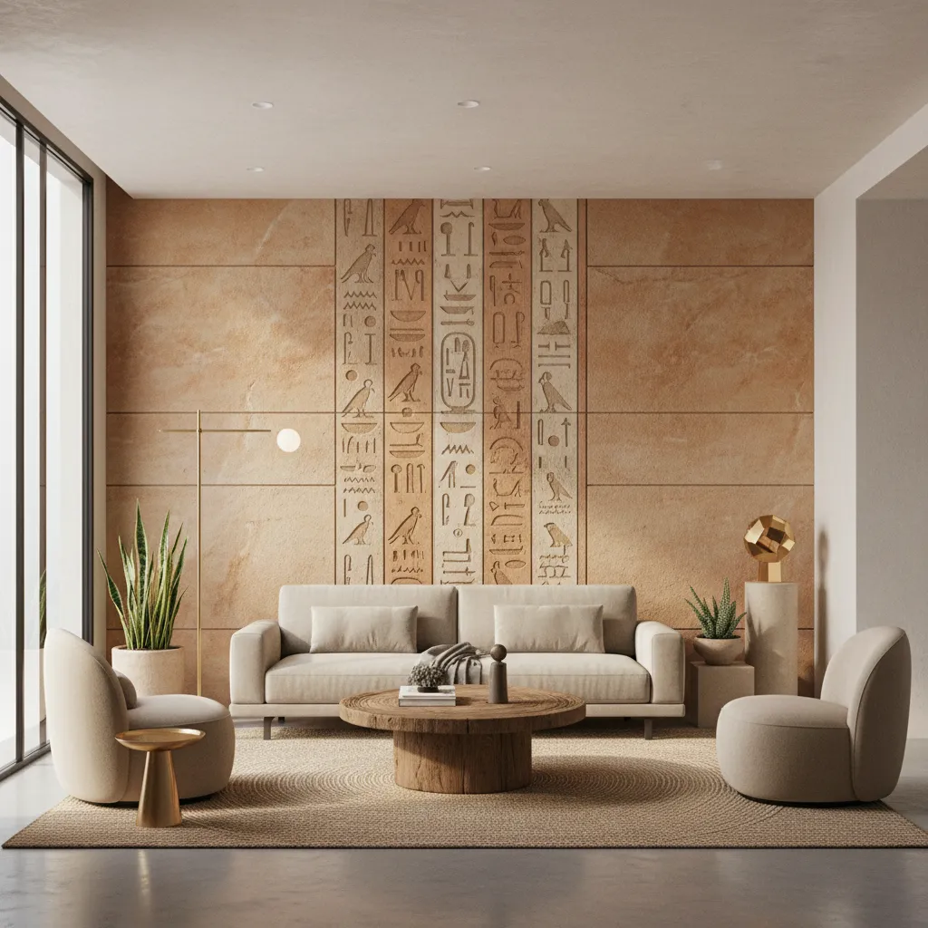 Modern living room with a single Egyptian themed accent wall and minimalist furniture