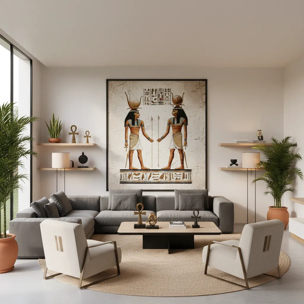 Interior layout highlighting Egyptian wall art placement in a modern room