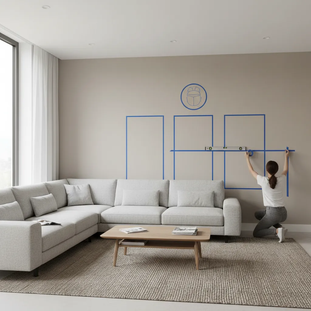 Designer planning layout for Egyptian wall decor using tape guides on wall