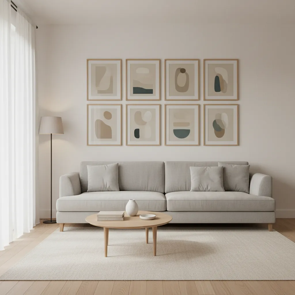 example grid layout of eight frame gallery wall above sofa