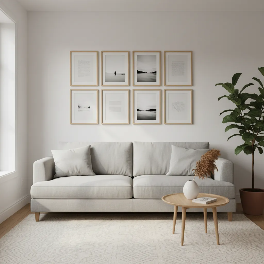 compact eight frame gallery wall arranged above a sofa in a small apartment living room