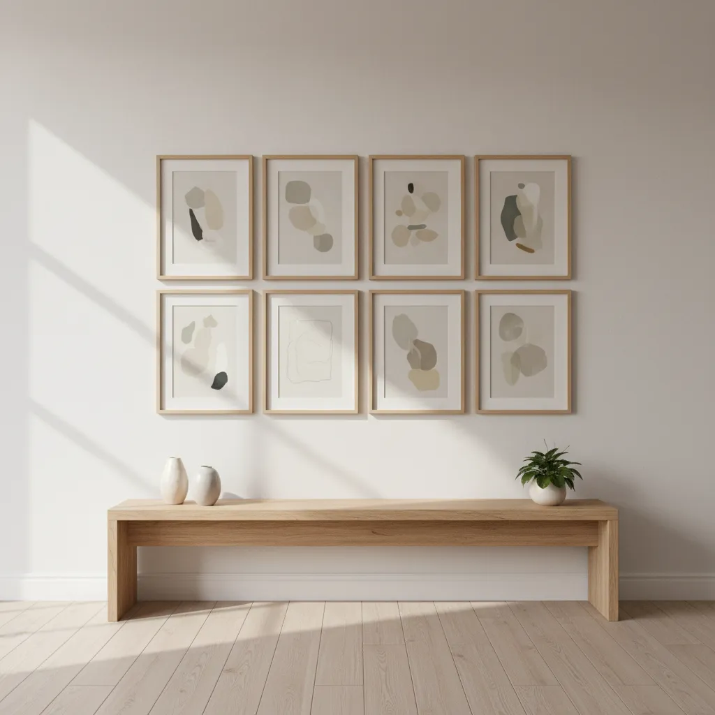 Eight frame grid gallery wall layout example in a modern living room