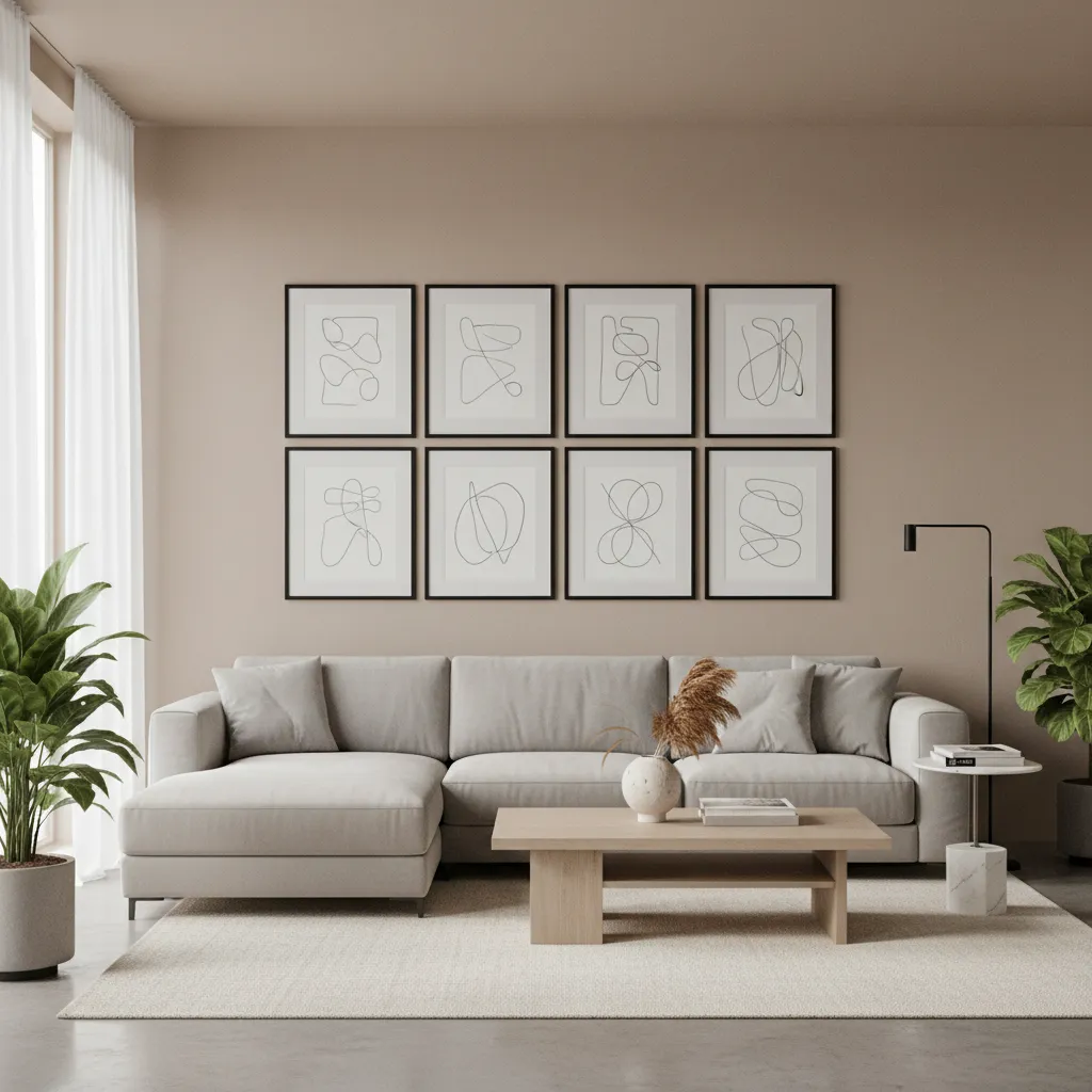 clean grid layout with eight matching frames above a modern sofa