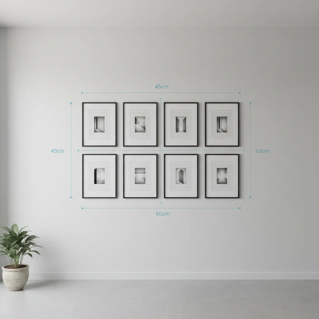 diagram style visualization showing spacing and alignment of an eight frame gallery wall grid