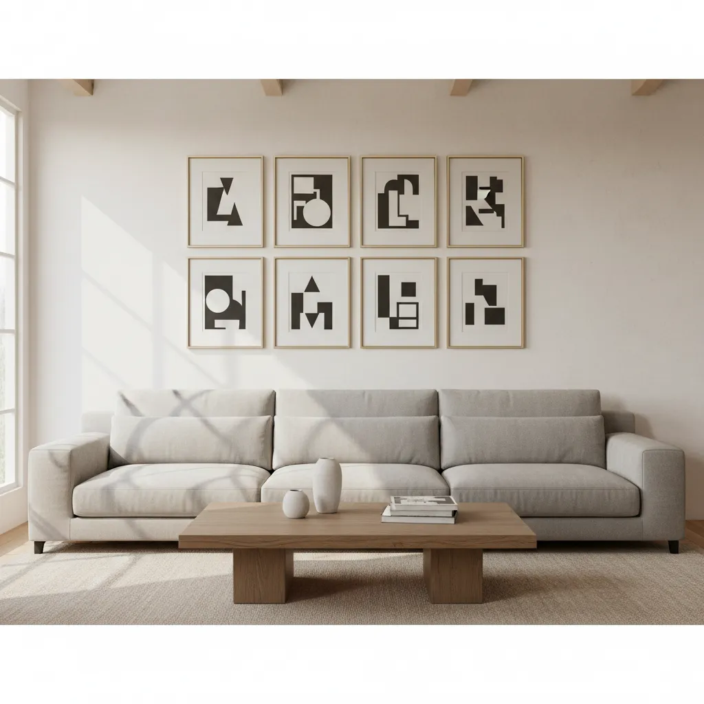 Eight 8x10 frames arranged in a structured 2x4 gallery wall layout above a sofa