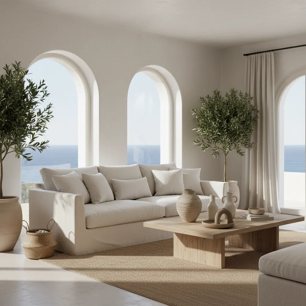 Minimalist beige living room with arched windows ocean view cream sofa wooden table and plants