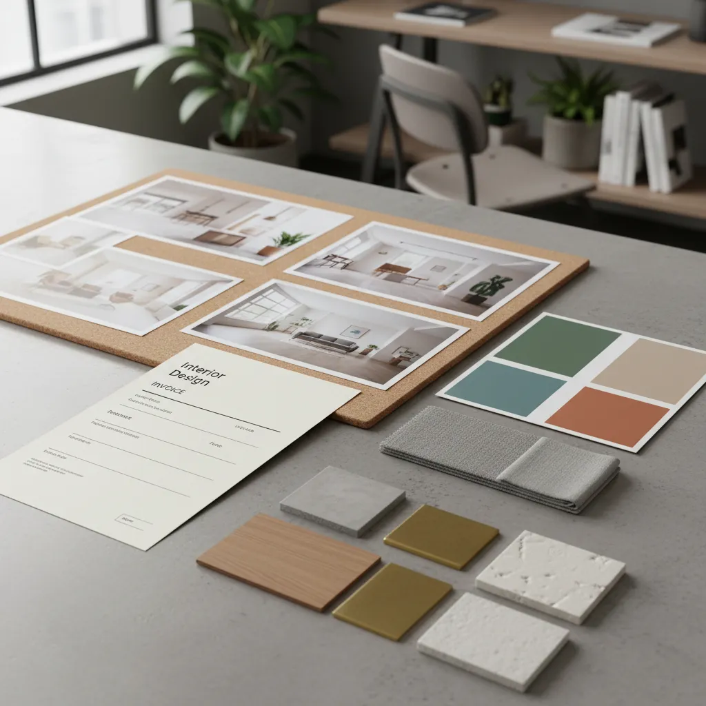 Documento de factura de proyecto de interiorismo junto a moodboards y muestras