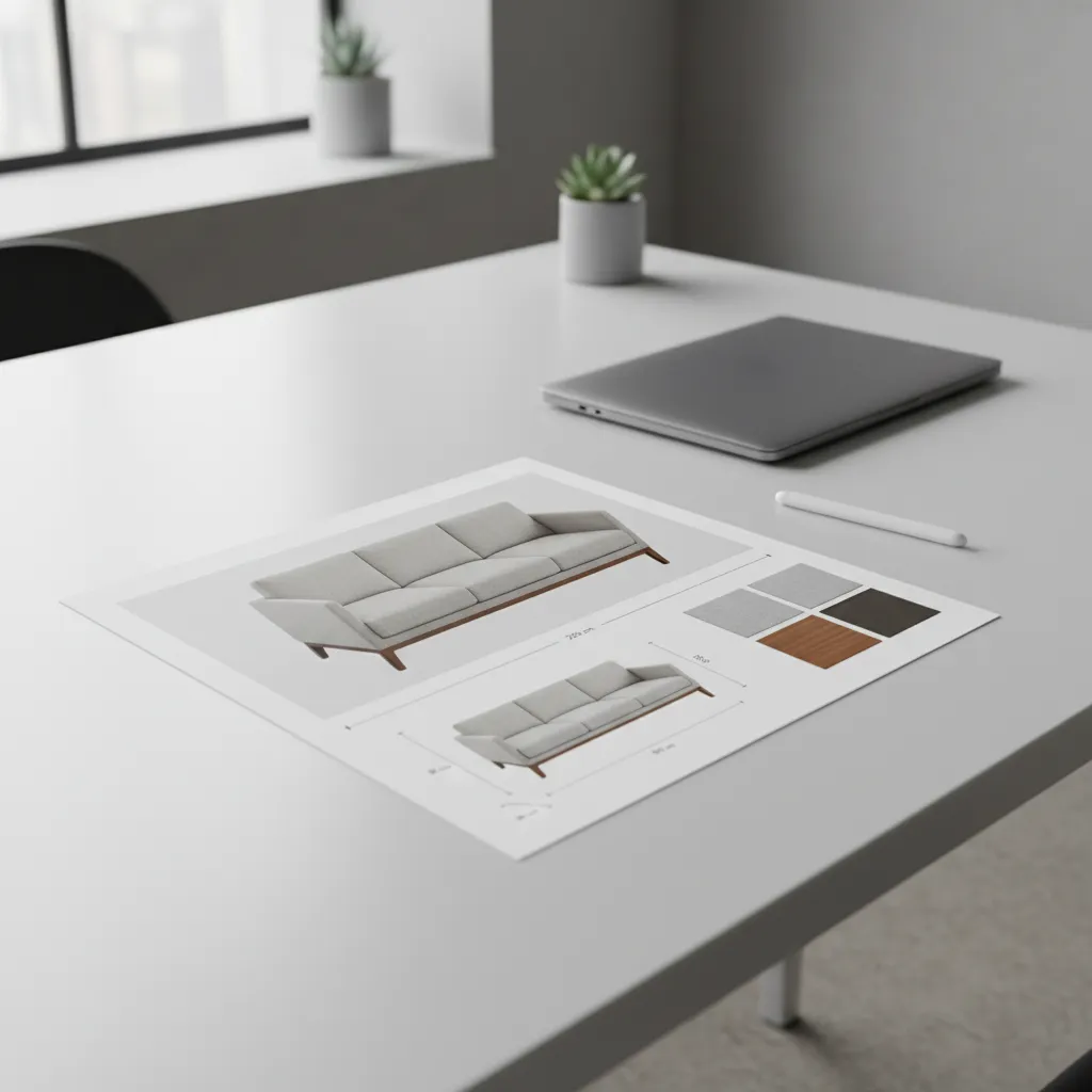 Ejemplo de ficha de producto de un sofá con medidas y materiales