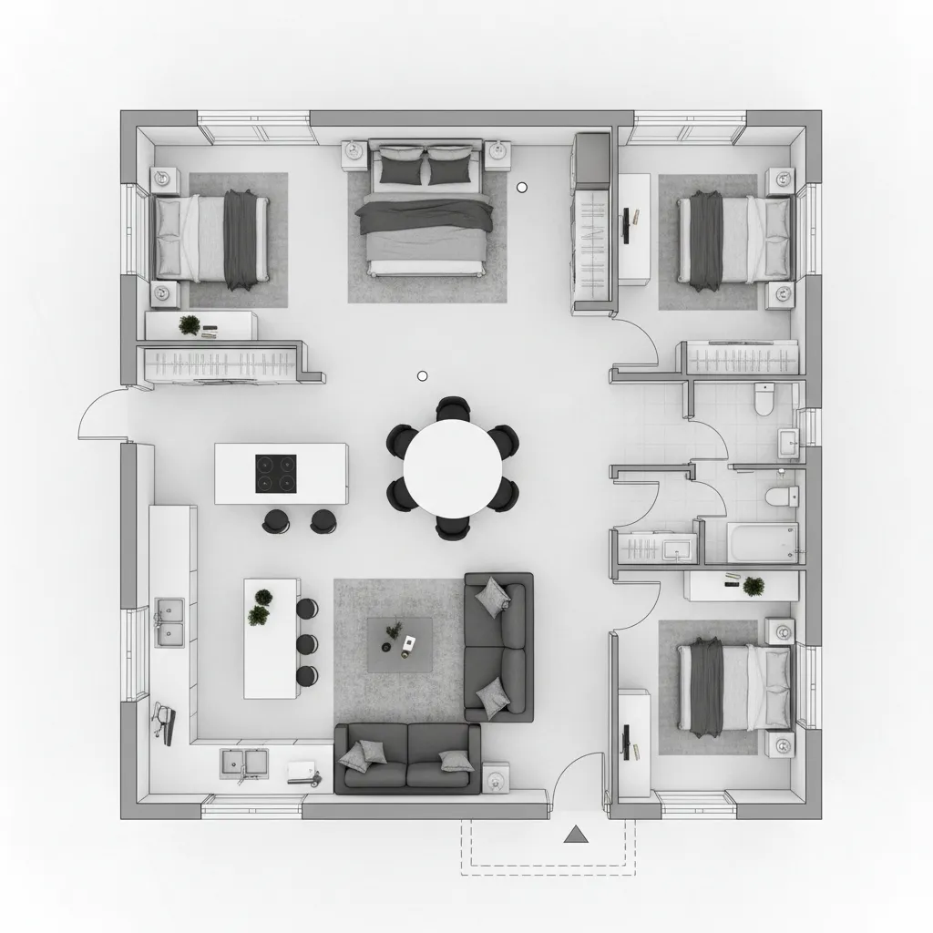 Plano funcional de casa cuadrada de 100 m2 con tres dormitorios
