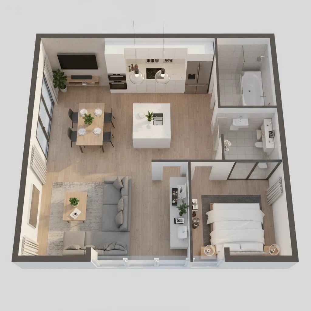 plano 3D de casa mostrando sala cocina y dormitorios