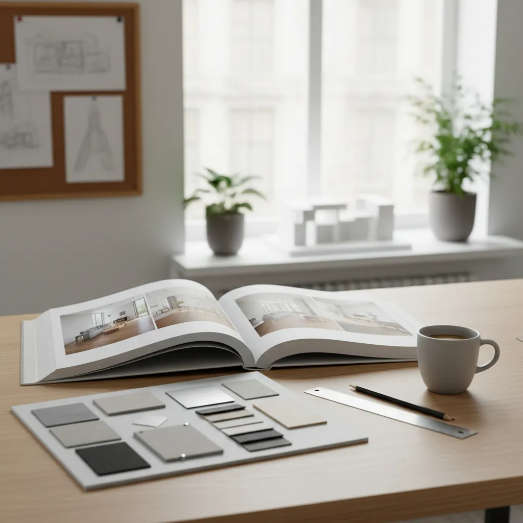Open interior design portfolio book with material samples and coffee cup on a wooden desk