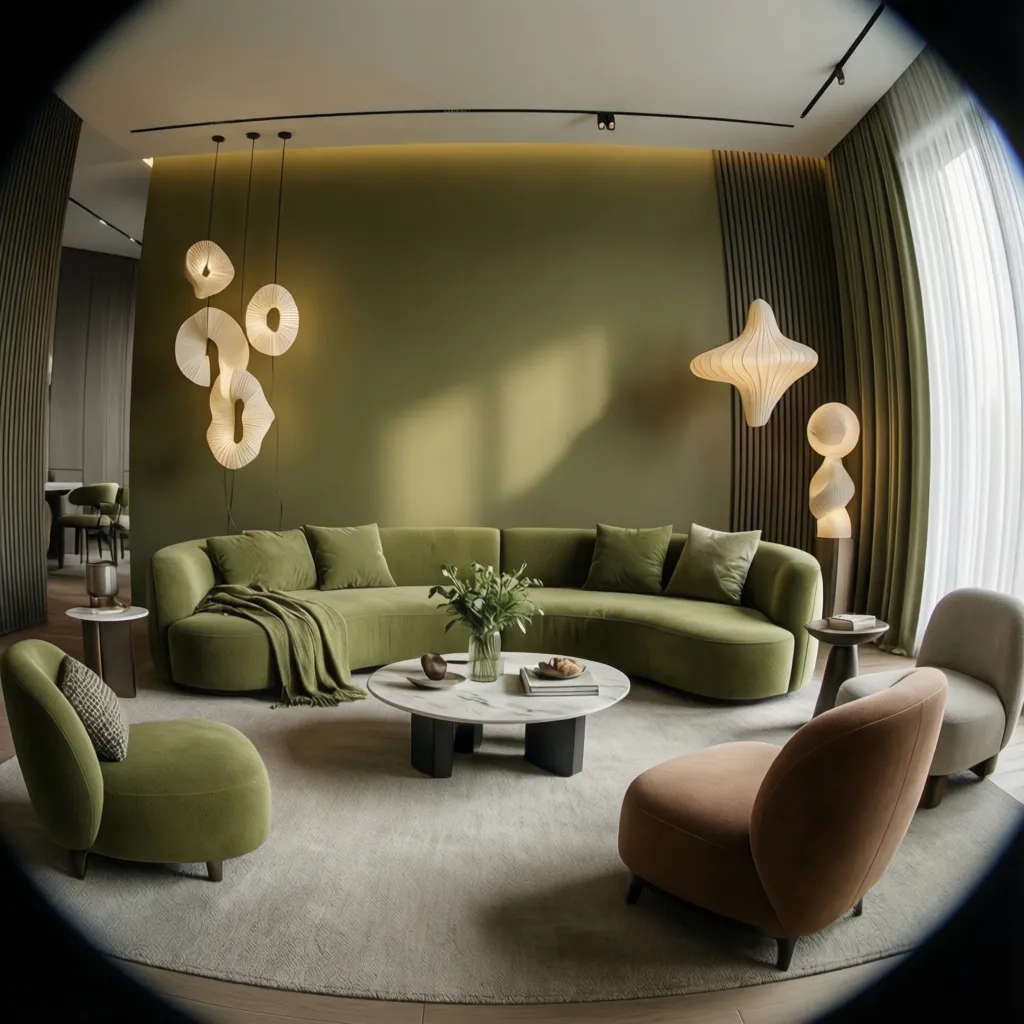 Modern green living room featuring curved sofa marble coffee table unique light fixtures and comfortable armchairs