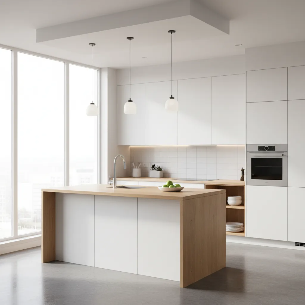 modern simple kitchen design with white cabinets and wooden counter