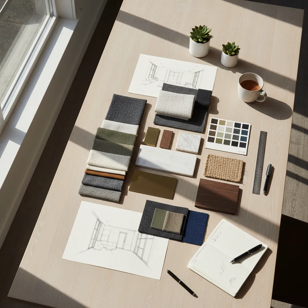 Flat lay of fabric samples wood tiles color palette and interior sketches on wooden desk