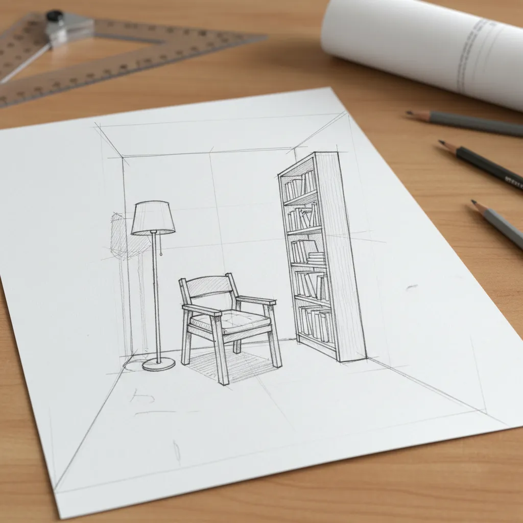 Ejercicio de dibujo en perspectiva de una habitación con muebles básicos