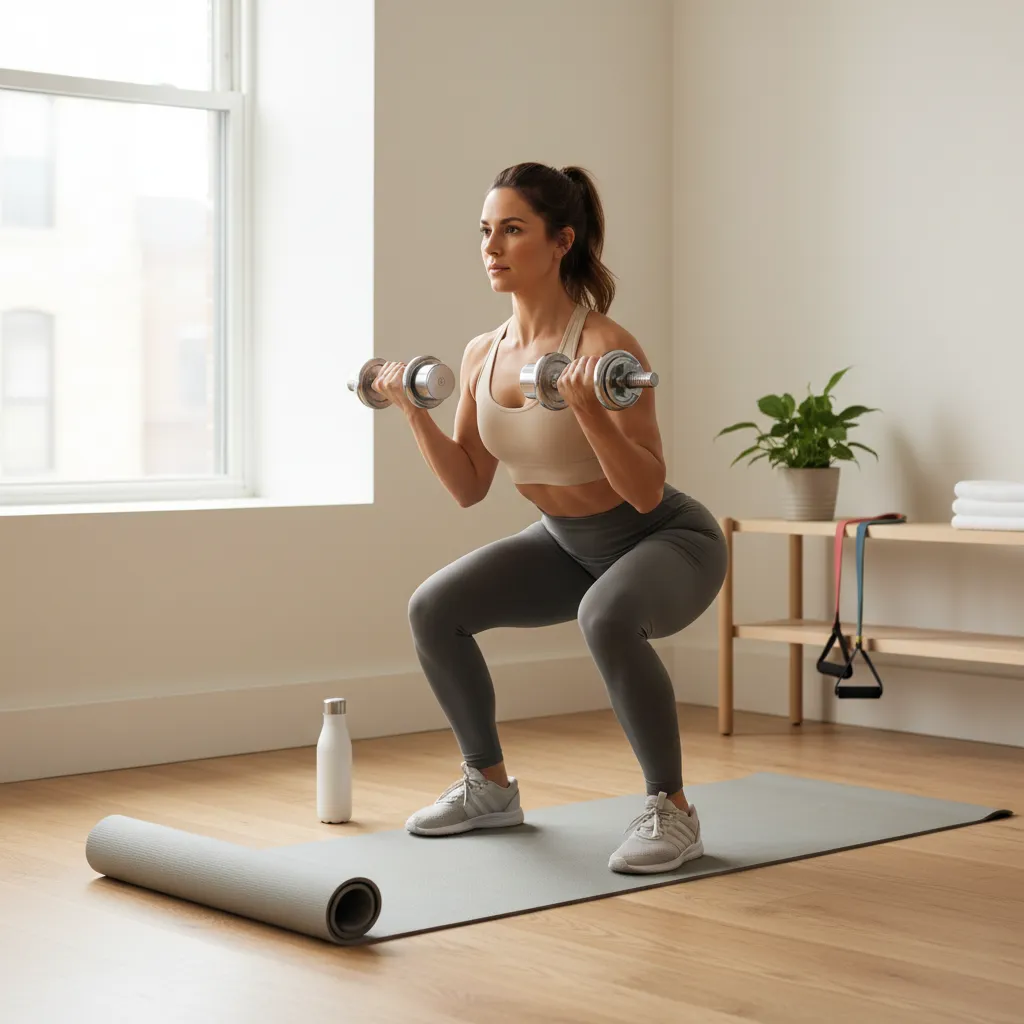 Mujer haciendo sentadillas con mancuernas en casa
