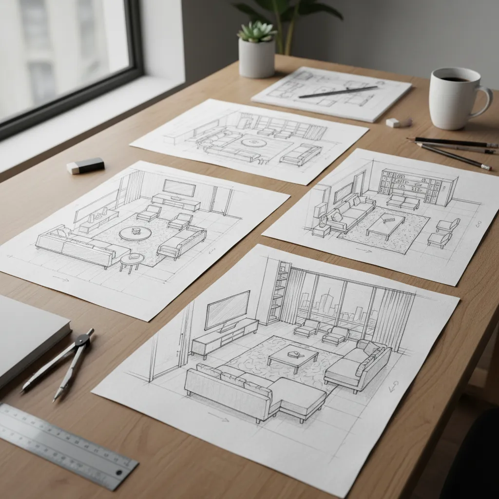 Varios bocetos de habitaciones con diferentes distribuciones