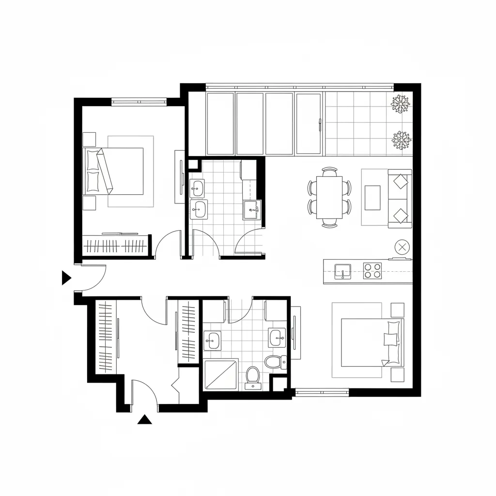 Orthographic plan highlighting axes, proportioned rooms, and clear circulation