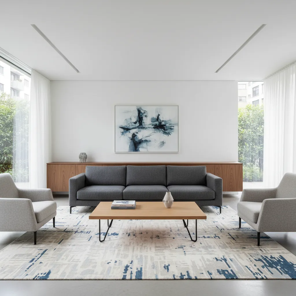 Distribución de salón alineando sofá, alfombra y mesa de centro